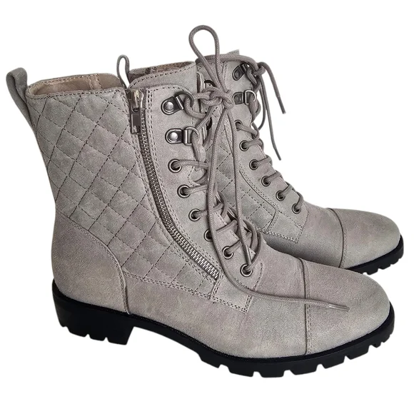 White Mountain Dashing Lace-Up Combat Boots Light Gray Quilted Side Zip Size 9.5 - Picture 1 of 8
